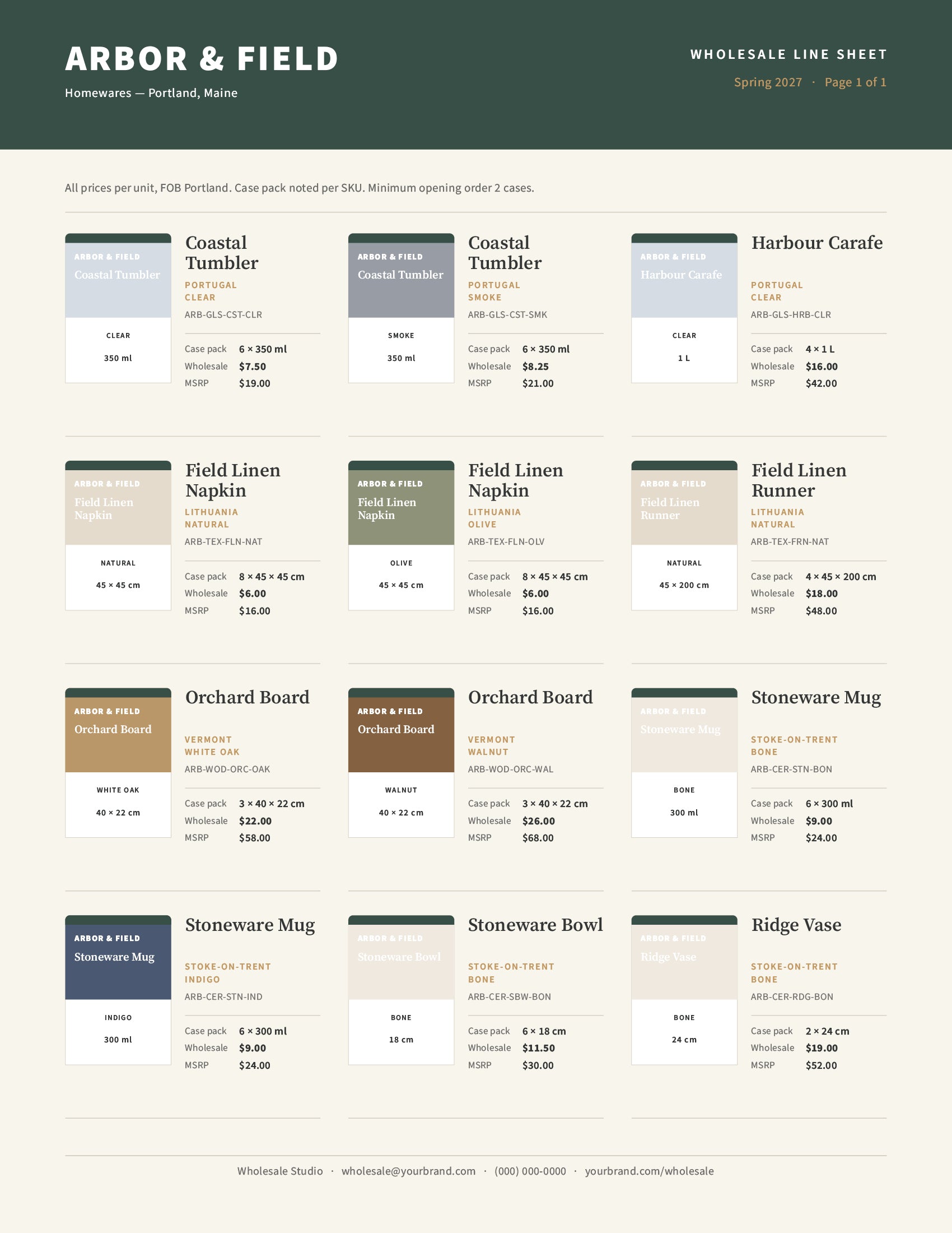 Free one-page wholesale line sheet template with twelve products