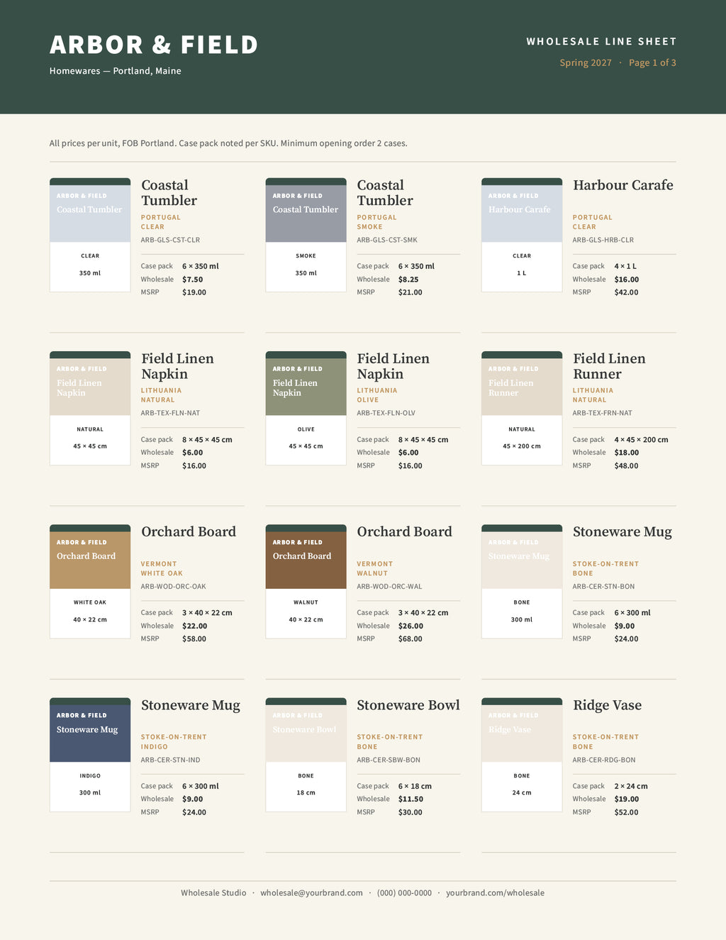Wholesale line sheet template page with product grid, case packs and both price columns