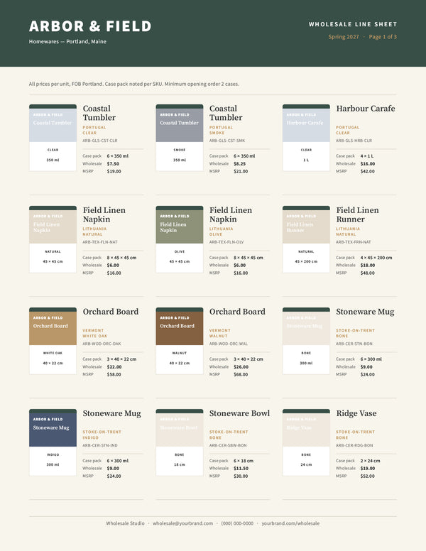 Wholesale line sheet template page with product grid, case packs and both price columns