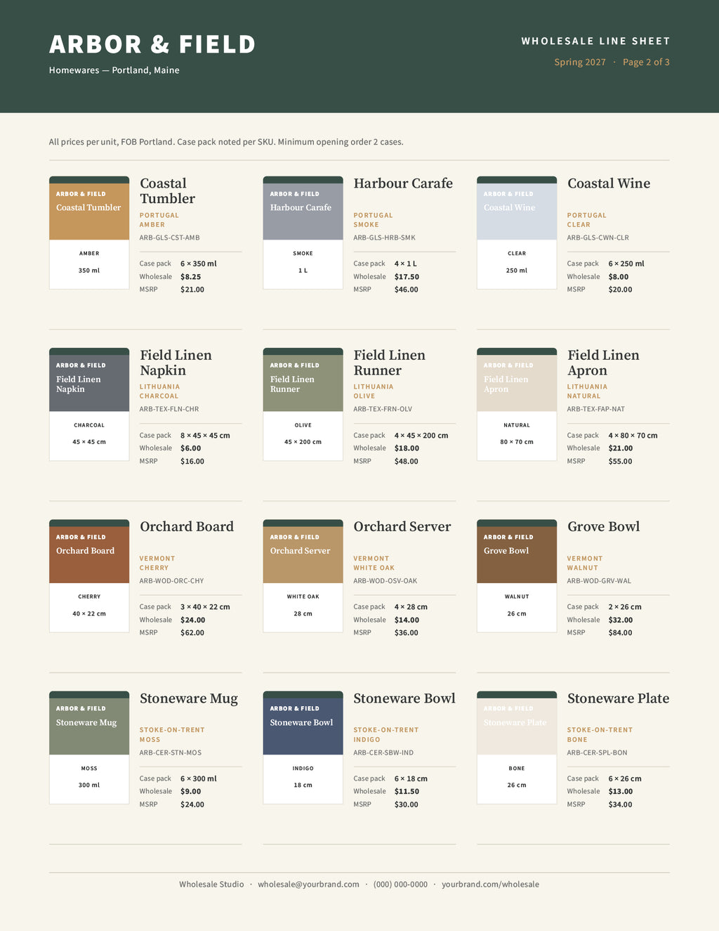 Line sheet template interior page with aligned SKU columns