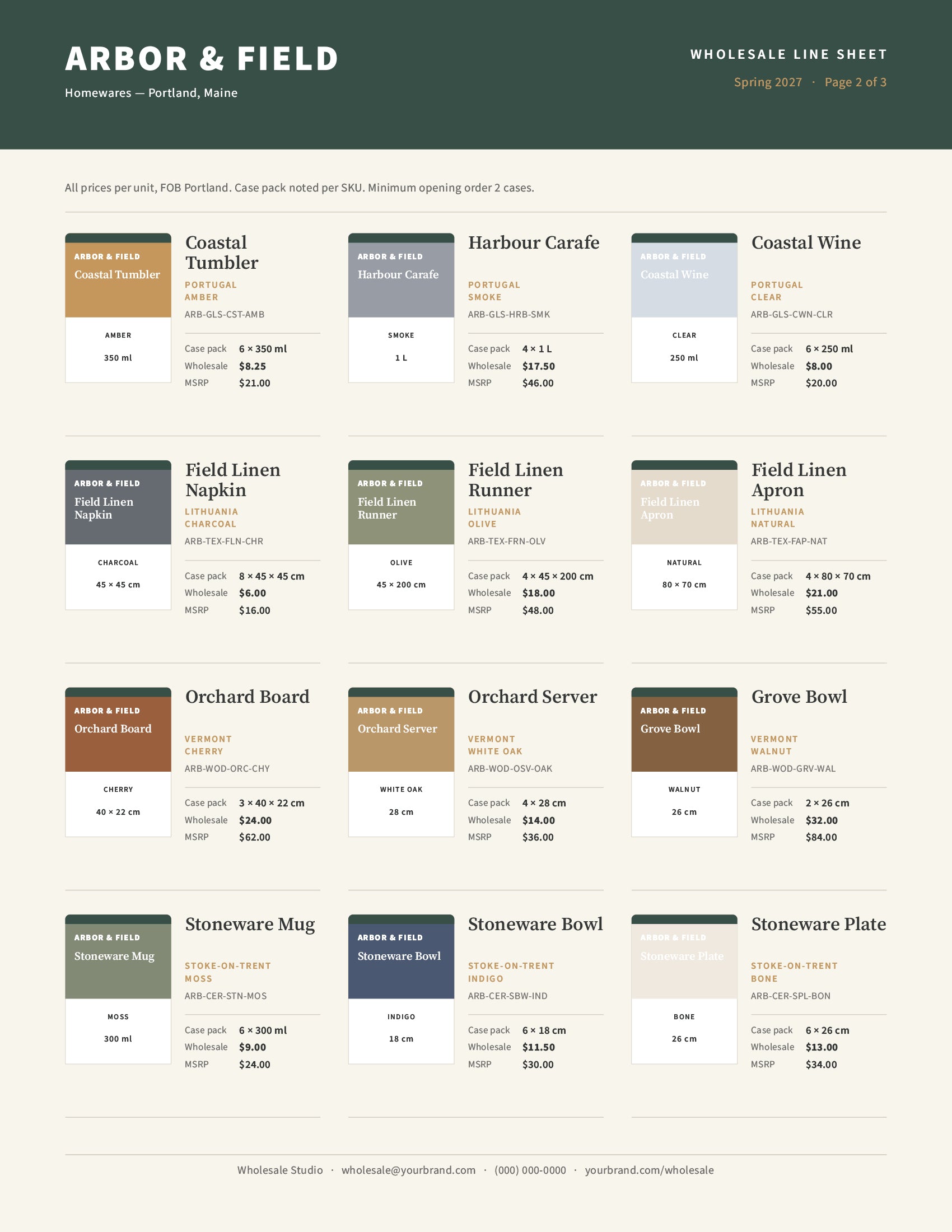 Line sheet template interior page with aligned SKU columns