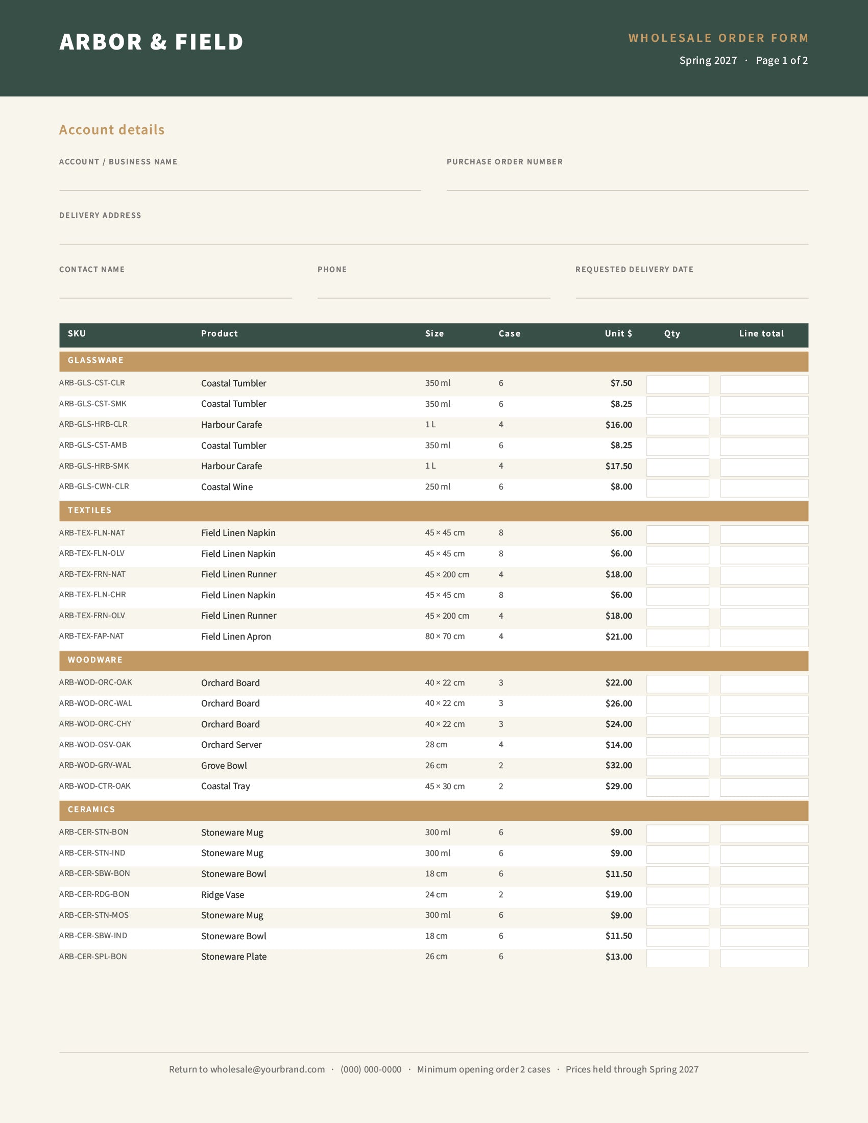 Wholesale order form template with order table and totals block