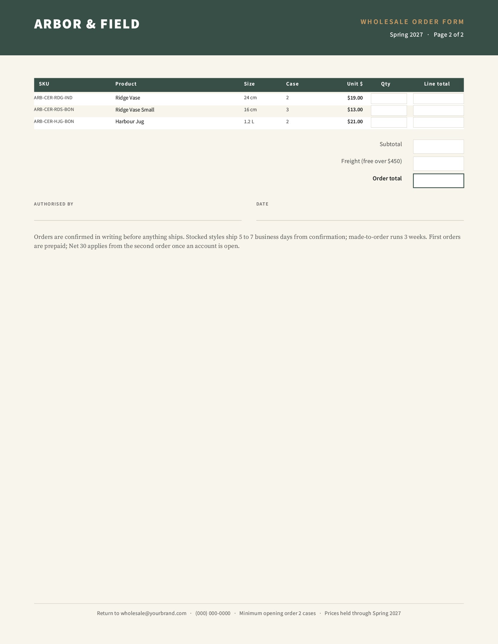 Order form template second page