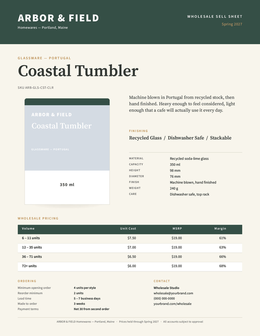 Wholesale sell sheet template with spec table, volume pricing and ordering block