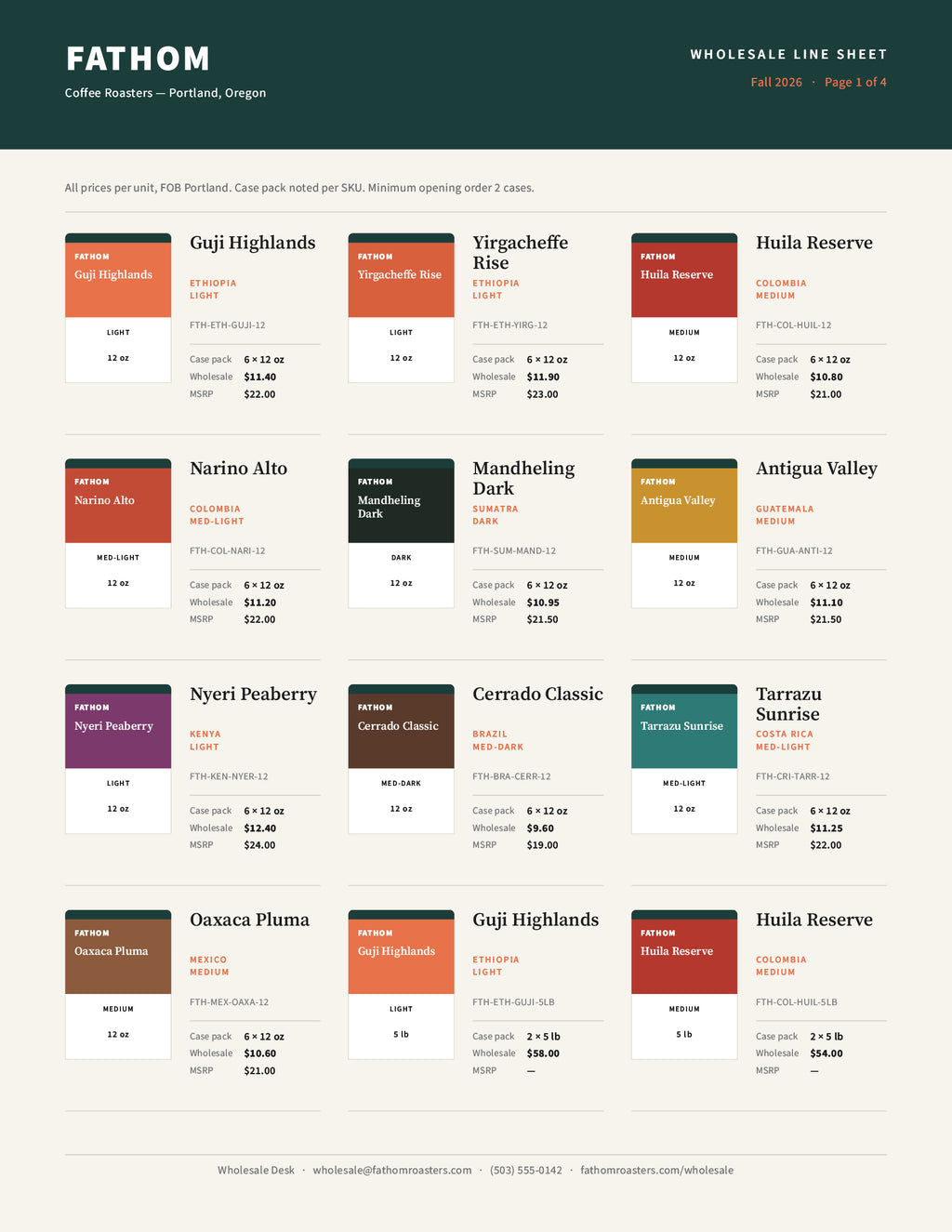 Sample line sheet page with case packs and both price columns