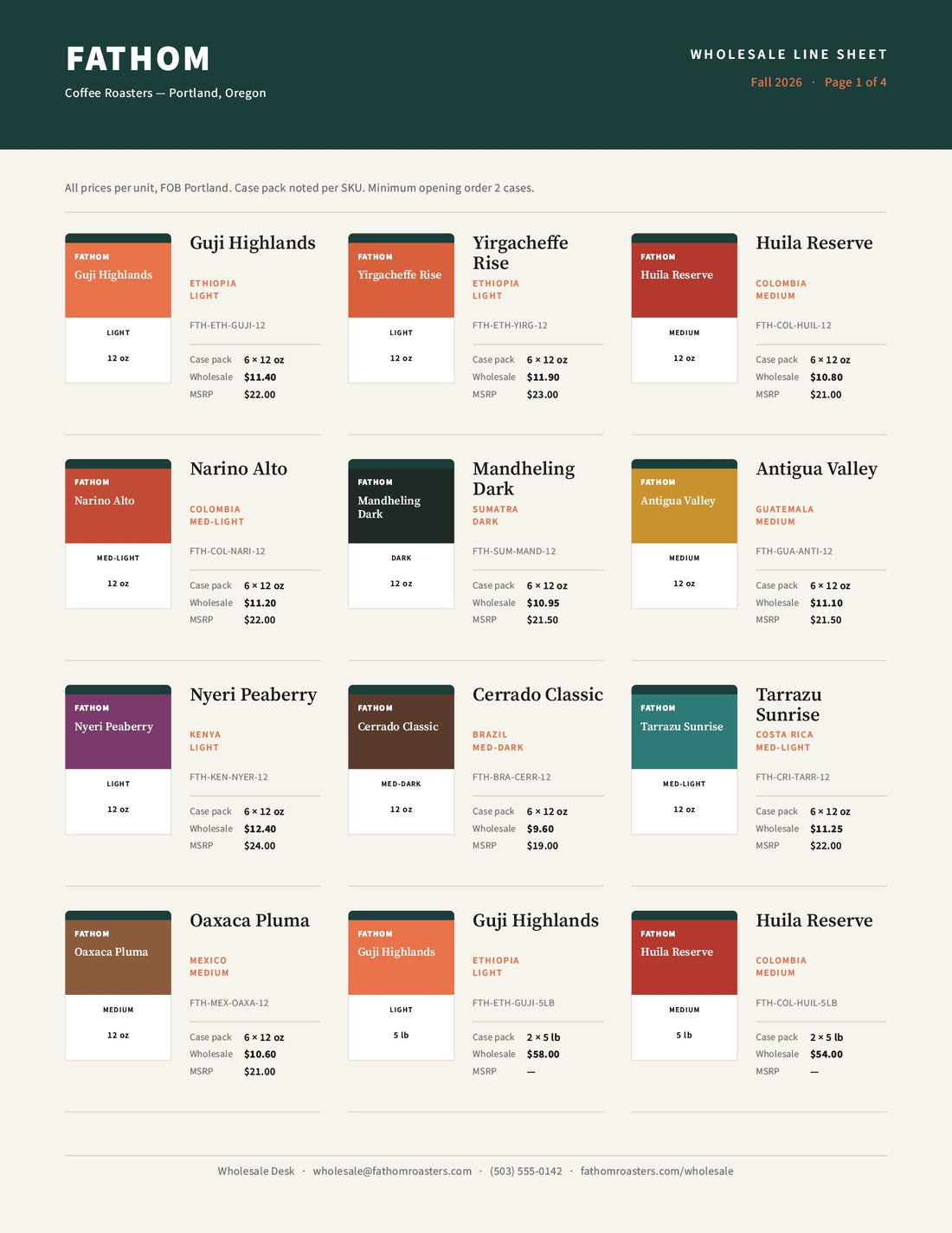 FATHOM demonstration wholesale line sheet built from a product spreadsheet