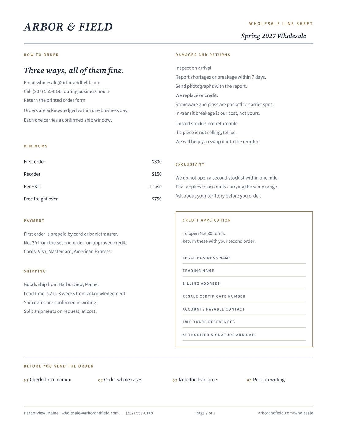 Page two of the Canva wholesale line sheet template, showing ordering, minimums, payment, shipping, returns, exclusivity and a credit application block