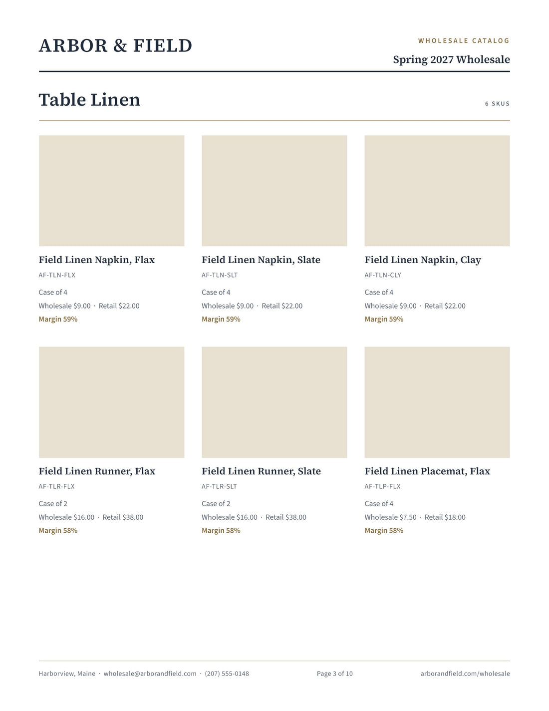 A product page from the Canva wholesale catalog template, showing six products with photo frames, case pack, wholesale, retail and margin