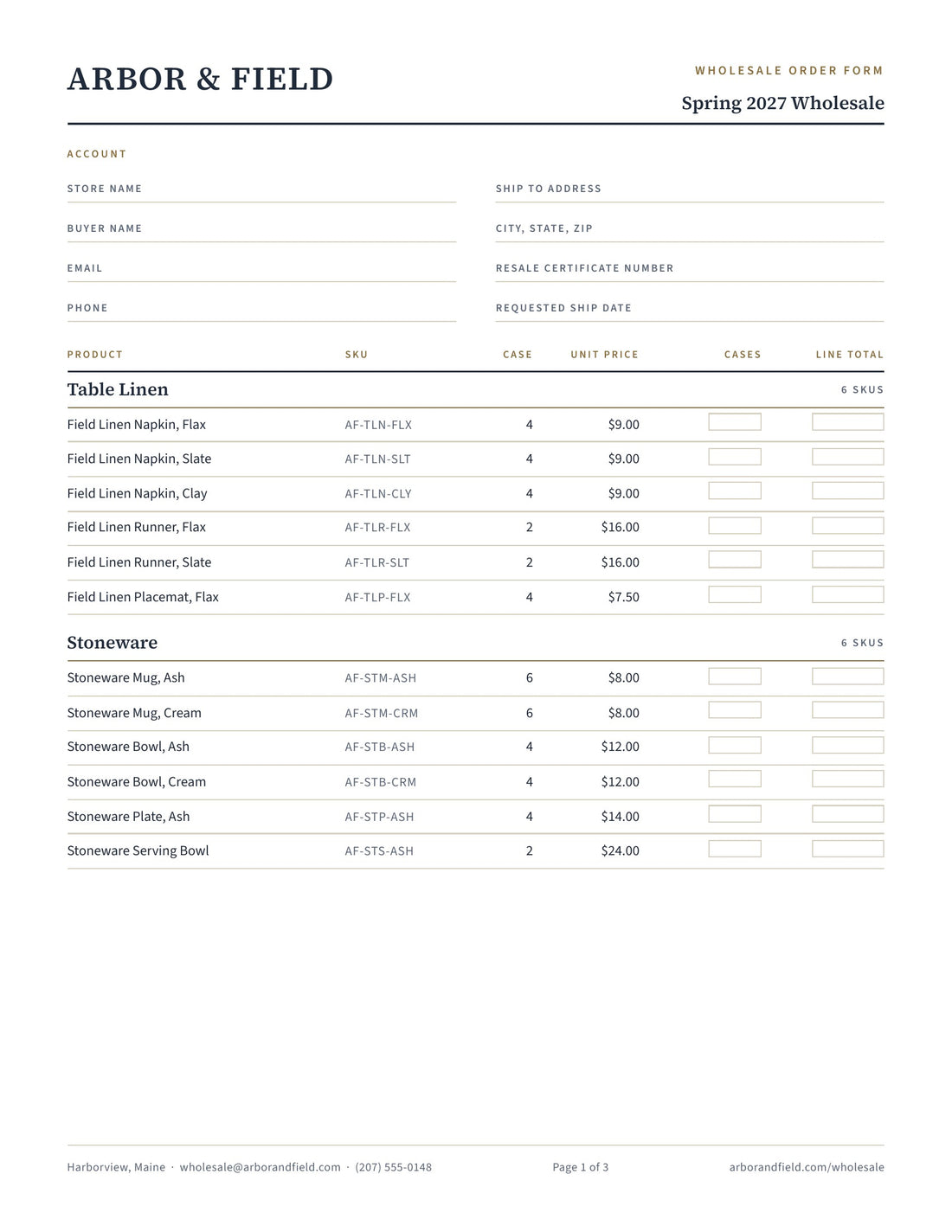 Page one of the Canva wholesale order form template, showing the account block and the order table with case pack, unit price and empty quantity boxes
