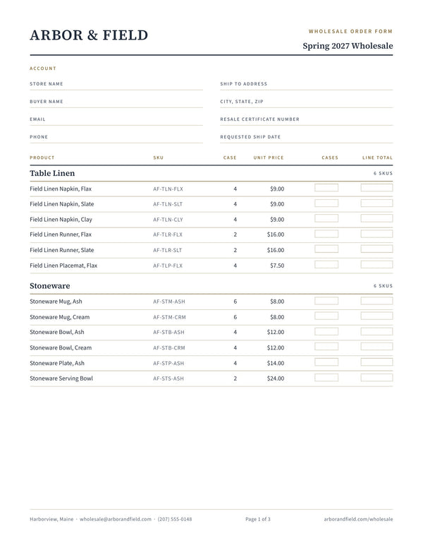 Page one of the Canva wholesale order form template, showing the account block and the order table with case pack, unit price and empty quantity boxes