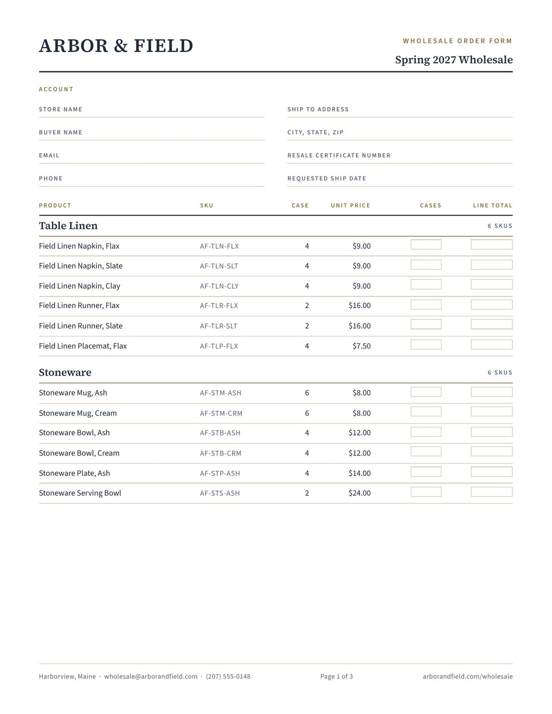 Page one of the Canva wholesale order form template, showing the account block and the order table with case pack, unit price and empty quantity boxes