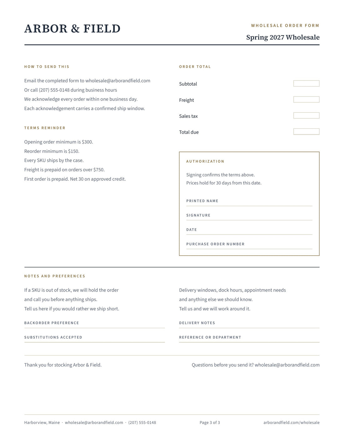 Final page of the Canva wholesale order form template, showing the totals block, authorization panel and notes and preferences