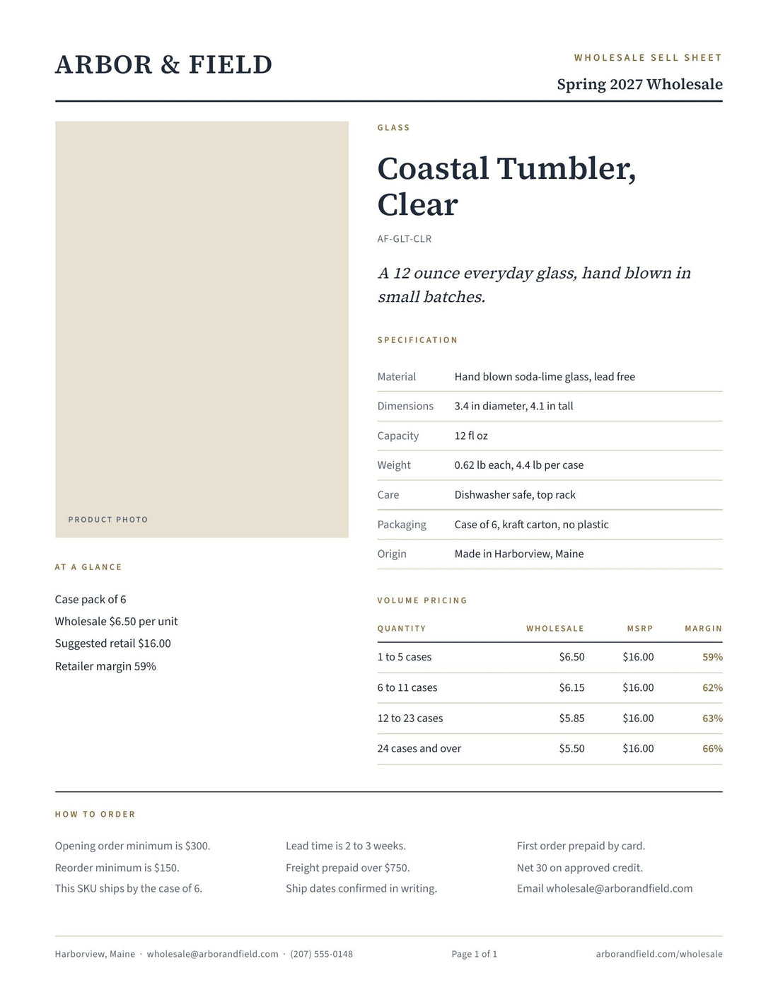 The Canva wholesale sell sheet template, showing the photo frame, seven-row specification table and four-tier volume pricing with retailer margin