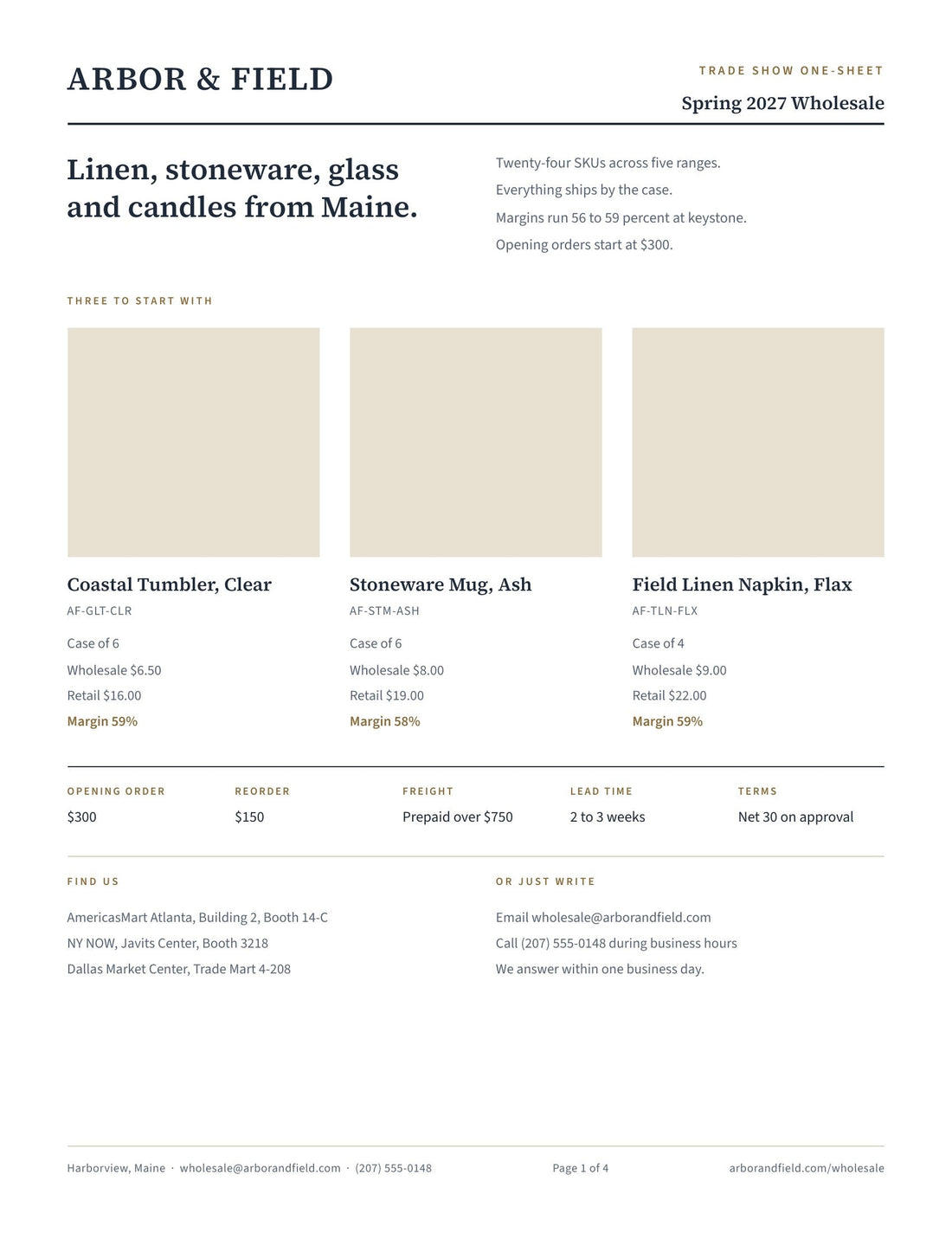 The trade show one-sheet page of the Canva buyer welcome packet, showing three products with case pack and margin, and the terms strip