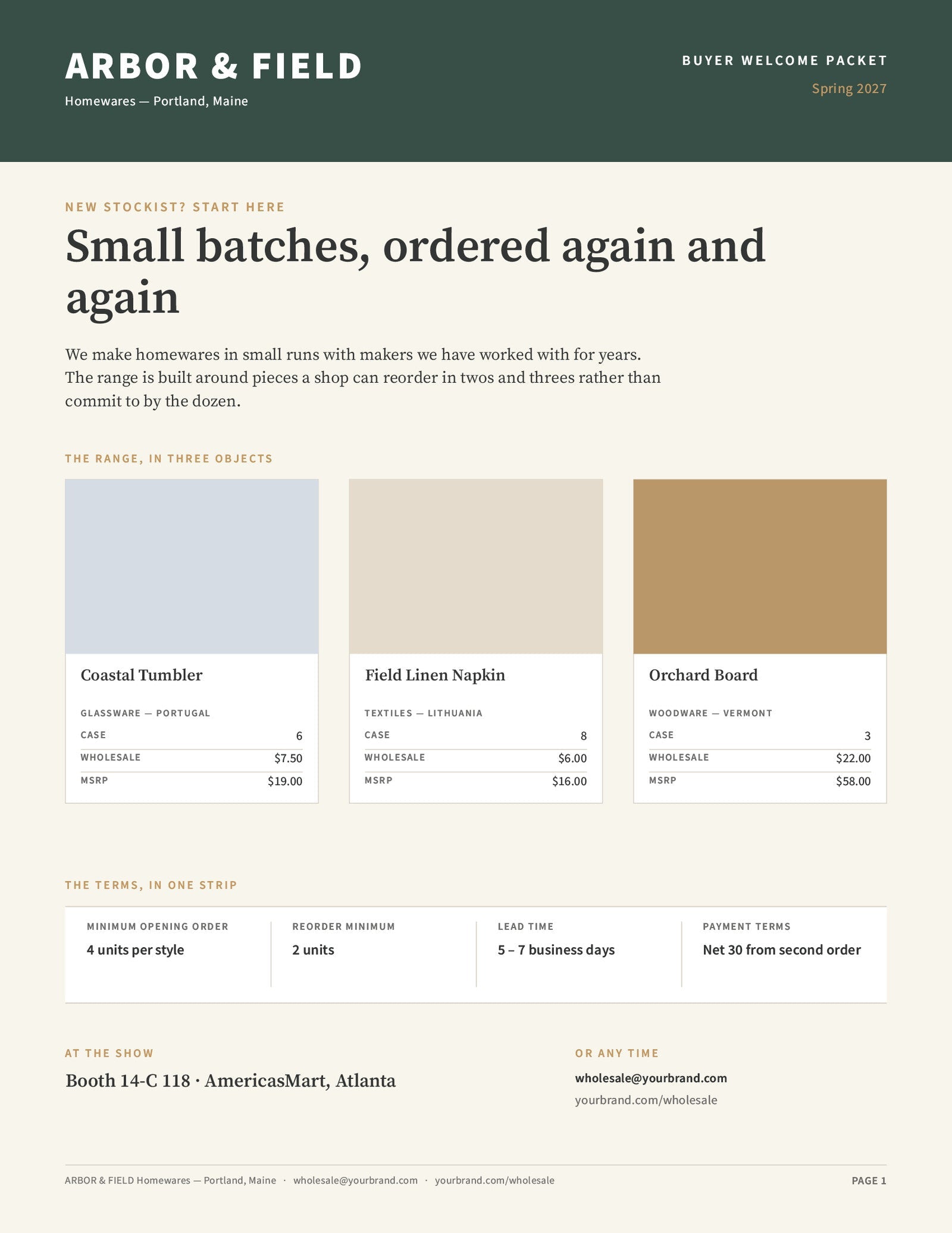 Trade show one-sheet page of the buyer welcome packet template, shown with the ARBOR & FIELD demonstration brand